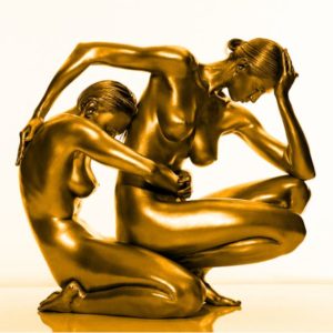 Guido Argentini - Demeter and Persephone, two gold painted mmodels intertwined, crouching down together