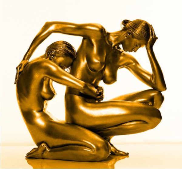 Guido Argentini - Demeter and Persephone, two gold painted mmodels intertwined, crouching down together