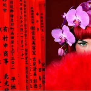 Diptych Lost Woman III by Guido Argentini, chinese lettering on red ground and model in red hair and fur with