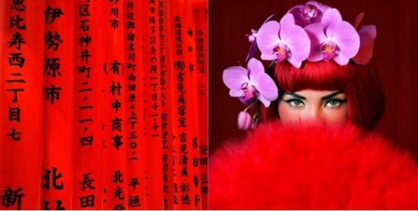 Diptych Lost Woman III by Guido Argentini, chinese lettering on red ground and model in red hair and fur with pink orchids