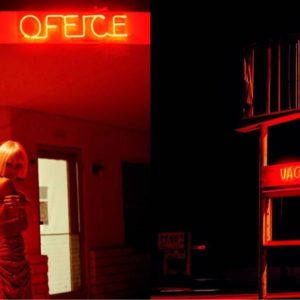 Diptych Lost Woman IV by Guido Argentini, model in blinde wig in ront of motel entrance and broken motel neon sign, red