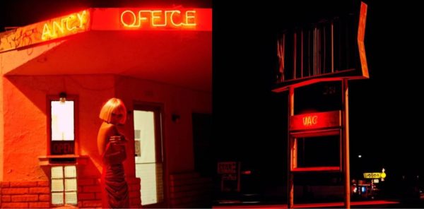 Diptych Lost Woman IV by Guido Argentini, model in blinde wig in ront of motel entrance and broken motel neon sign, red