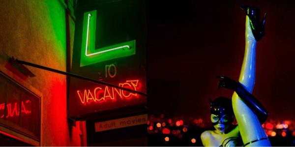 Diptych Lost Woman V by Guido Argentini, red and green neon sign and model in latex dessous and cat mask