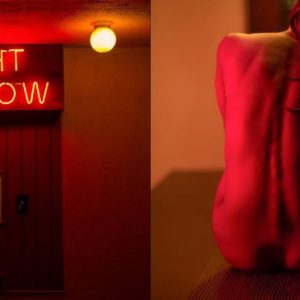 Diptych Lost Woman VI by Guido Argentini, red neon sign and nude model sittin from the back