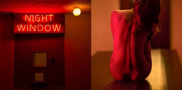 Diptych Lost Woman VI by Guido Argentini, red neon sign and nude model sittin from the back