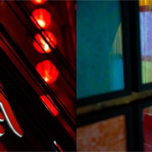 Diptych Lost Woman VIII by guido argentini, chinese neon sign and nude model through stain glass window