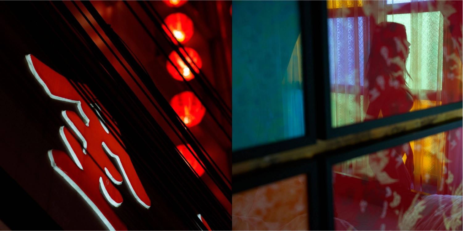 Diptych Lost Woman VIII by guido argentini, chinese neon sign and nude model through stain glass window