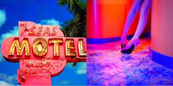 Diptych The unberable lightness by Guido Argentini, 7-seas motel sign and legs in heals stumbling through a pink and blue hallway