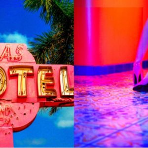 Diptych The unberable lightness by Guido Argentini, 7-seas motel sign and legs in heals stumbling through a pink and blue hallway