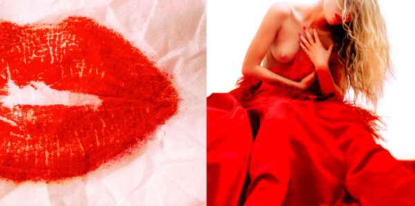 Diptych you are made of wellsprings by Guido Argentini, lipstick imprint on paper and model in red gown with exposed chest