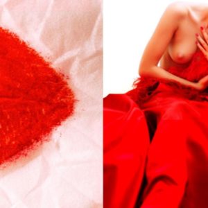 Diptych you are made of wellsprings by Guido Argentini, lipstick imprint on paper and model in red gown with exposed chest