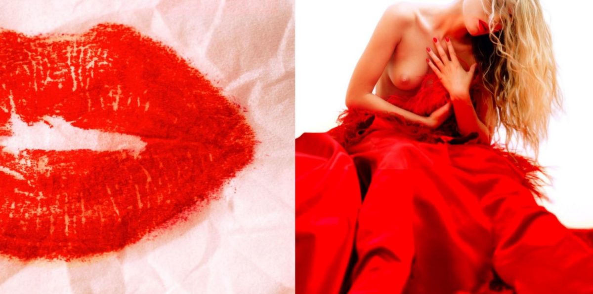 Diptych you are made of wellsprings by Guido Argentini, lipstick imprint on paper and model in red gown with exposed chest