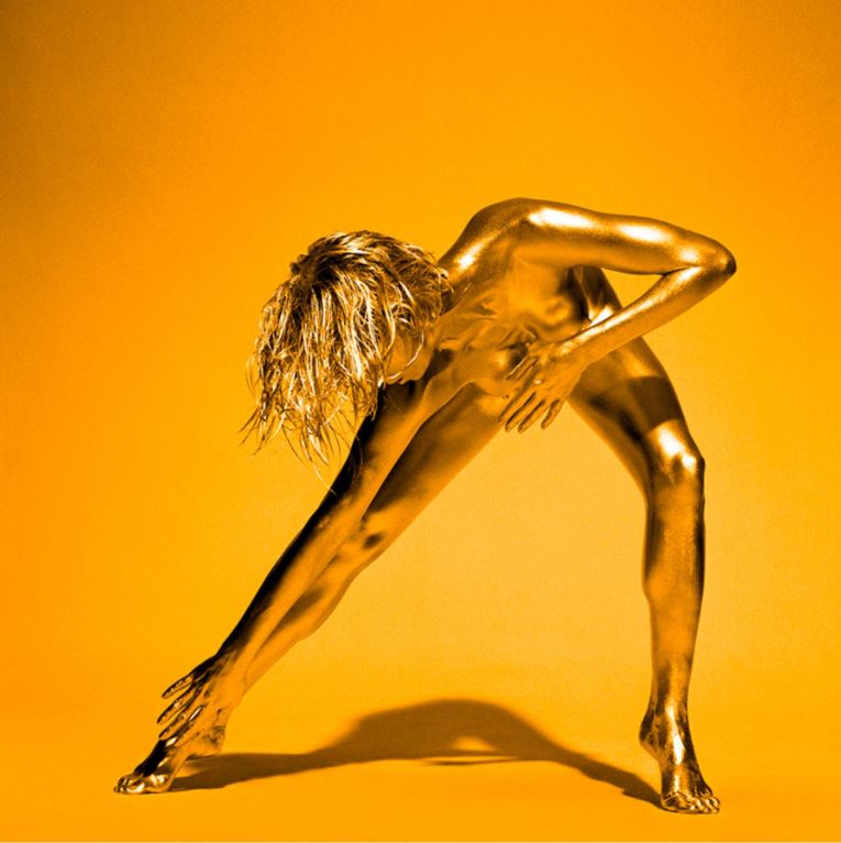 Golden Amaterasu by Guido Argentini, gold painted model reaching down