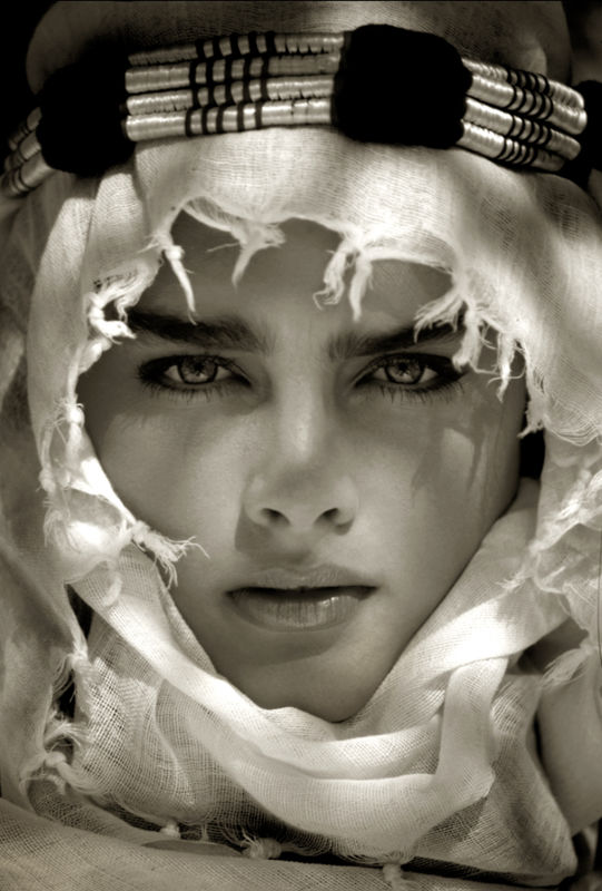 Brooke Shields - Mustique 1981 by Albert Watson, closeup portrait of the model wearing a white headscarf
