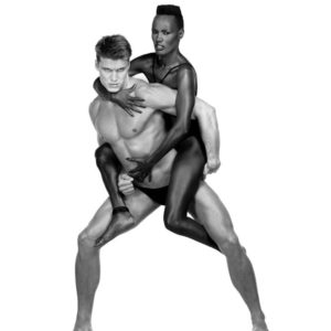 Grace Jones and Dolph Lundgren - New York 1983 by Albert watson black model piggyback riding a male model