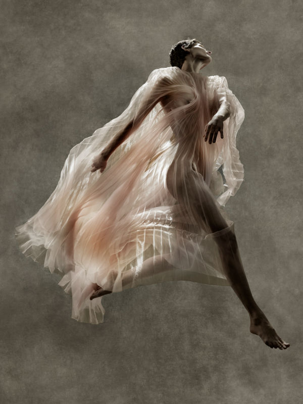 Saskia de Brauw - Iris van Herpen - New York City 2019 by Albert Watson, the artist and model in a light pink transparent gown, jumping