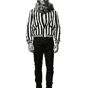 Tony Ward - Nunere Berlin Magazine - NYC 2019 by Albert Watson, the male model in a striped jacket and fur shawl