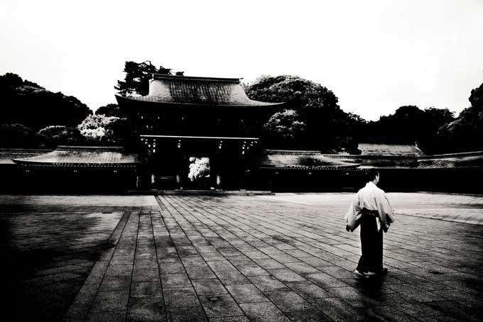 Meiji Jingu Temple Tokyo Japan #7110 by Andreas H. Bitesnich, person in traditional dress walking through a japanese temple