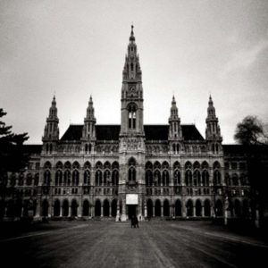Rathaus - Vienna by Andreas H. Bitesnich, black and white picture of the gothic city hall