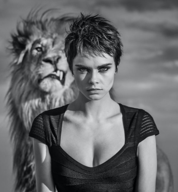 Cara Cigar by David Yarrow, Cara Delevingne in short hair and a bondage dress, standing in front of a lion