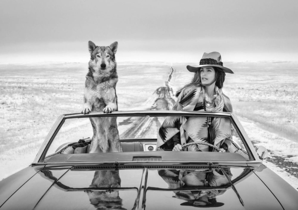On the road again by David Yarrow, cindy Crawford and Wolf in a car driving through steppe
