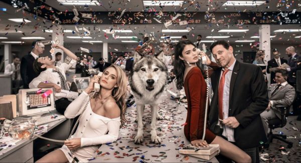 The wolves of wall street color by David Yarrow, party scene in a wallstreet office with a wolf standing on the table looking at the camera