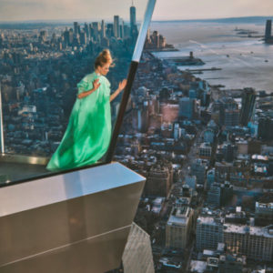 Hadley Robinson I by Guy Aroch, the actress in a green gown on the One Vanderbilt skyscraper looking over New York