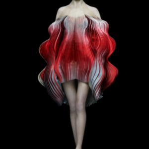 Iris van Herpen - New York City 2019 by Albert Watson, model in short red and white, abstract dress and shourt red fingerwaves