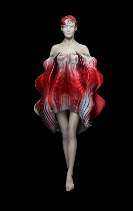 Iris van Herpen - New York City 2019 by Albert Watson, model in short red and white, abstract dress and shourt red fingerwaves