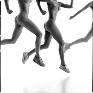 OLYMPIC GERMANY RUNNING by Guido Argentini, three nude models in trainers, in sideprofile running