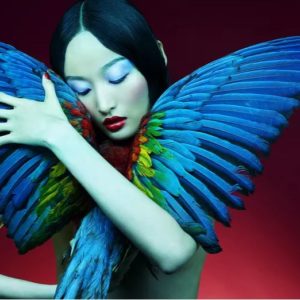 Birdsong by Rankin, model in blue makeup hoding a parrot with stretched out wings, in front of red background