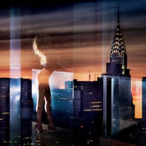Dreams of nightmares by David Drebin, double exposure of nude model on a balcony and new york with the Chrysler Building by night