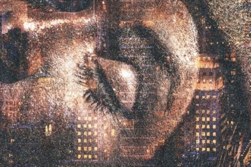 Golden Eye Diamond Dust by David Drebin, double exposure of a closeup face and city lights