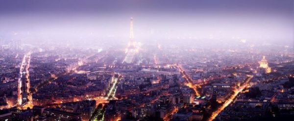 One night Paris by david drebin, the city lights at night in purple fog