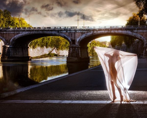 Tunnel vision by David drebin, nude model under white veil next to a canal with a bridge