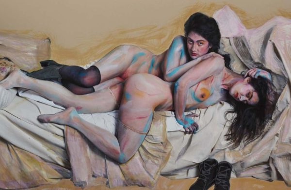 Die Freundinnen auf dem Bett by Iris Brosch, two women in stockings lounging on a sofa, painted to look like an expressionist oil painting