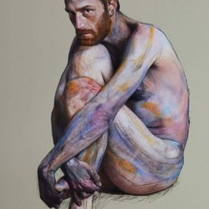 Kauernder Mann by Iris brosch, male nude crouching together, painted to look like an expressionist oil painting