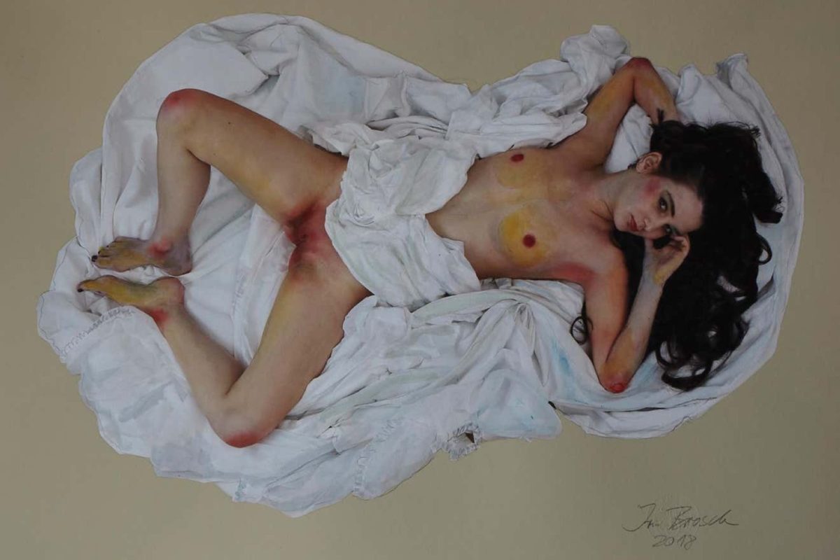 Mädchen mit Bettlaken by iris Brosch, nude of a model partially covered by white fabric and painted to look like an expressionist painting