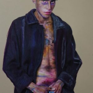 Mann mit Mantel by iris brosch, portrait of a male wearing only a blue coat covering himself with his hands, painted to look like an expressionist painting