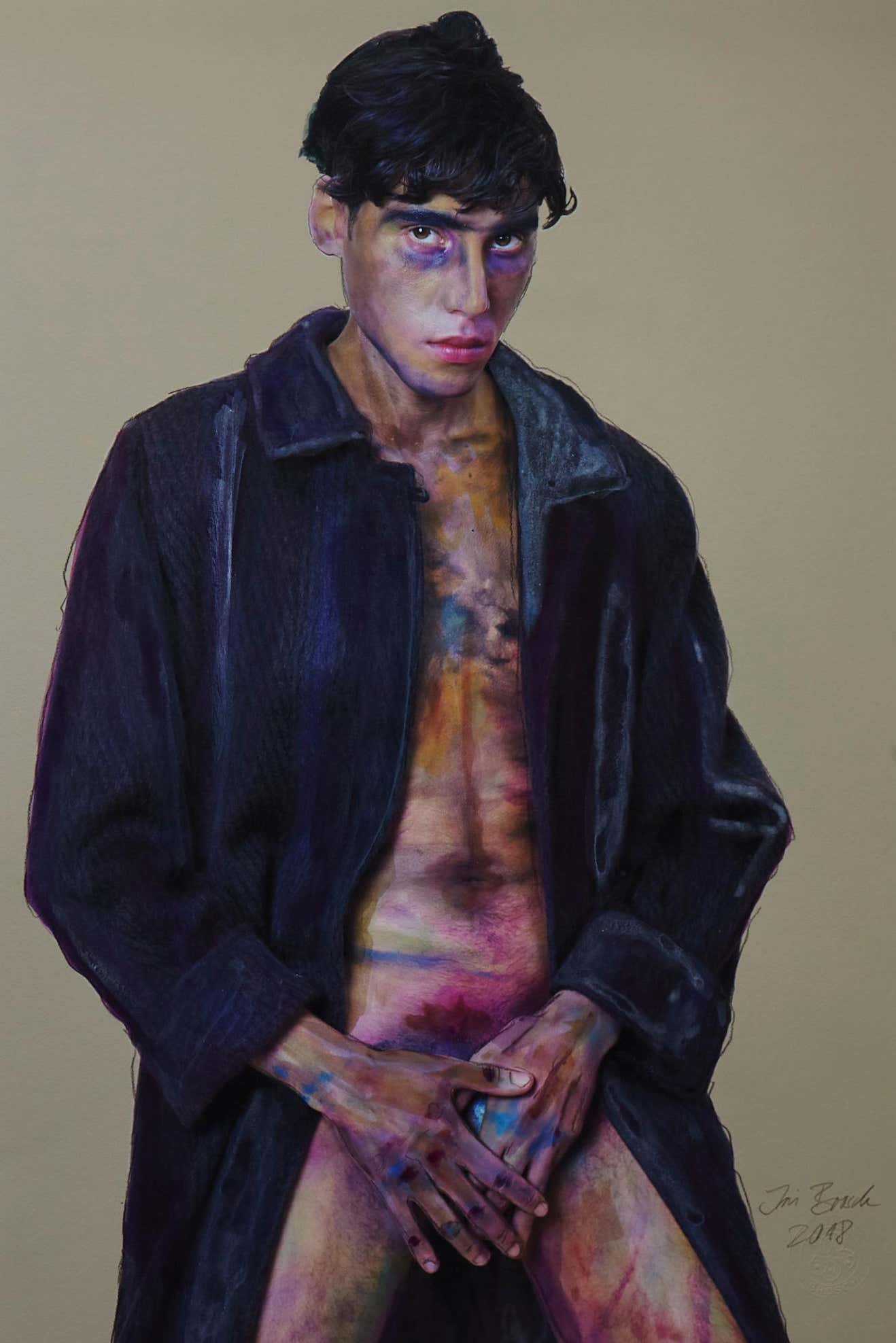 Mann mit Mantel by iris brosch, portrait of a male wearing only a blue coat covering himself with his hands, painted to look like an expressionist painting