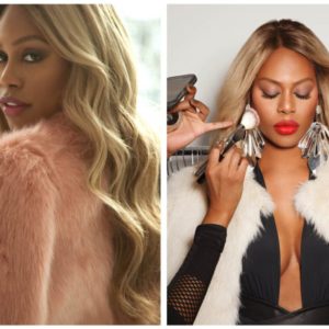Laverne Cox, dyptich of two portraits of the actress wearing fur coats and long blinde hair, getting her makeup done