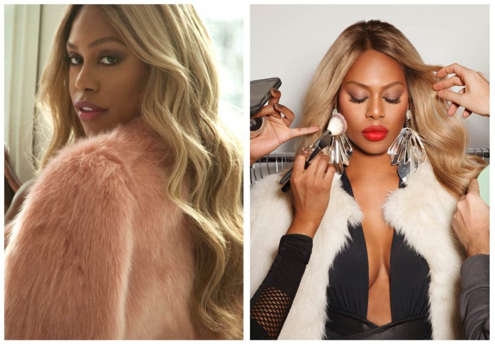 Laverne Cox, dyptich of two portraits of the actress wearing fur coats and long blinde hair, getting her makeup done