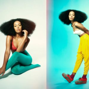 Solange Knowles by Marc Baptiste, dyptich of two portraits of the singer wearing her afro, bright colors, yellow, turquoise