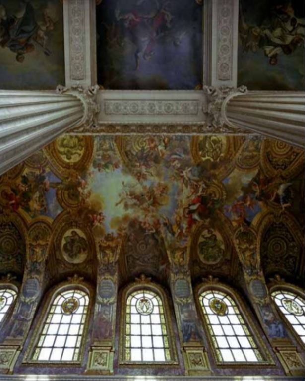 Ceiling, La Chapelle by Robert Polidori, stained glass window and painted ceiling of a baroque chaple