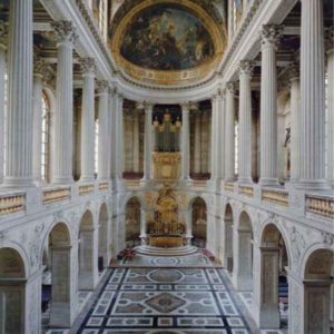 Chapelle Chateau de Versailles by Robert Polidori, interior of the baroque chaple with white and gold decor and painted ceiling