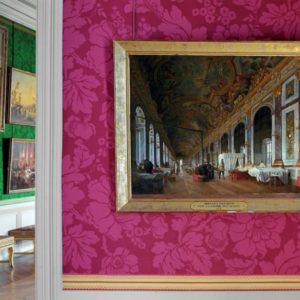 La Galerie des Glaces, Chateau de Versailles, France by Robert Polidori, view of a gallery with old oil paintings on pink and green wallpaper
