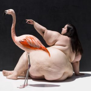 Birds by Sylvie blum, plus size model sitting in side profile next tot a flamingo