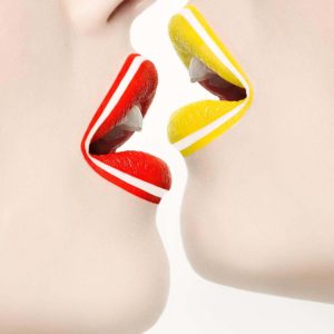 Candy Lips II by Sylvie blum, two pairs of lips in red yellow and white, sideprofile