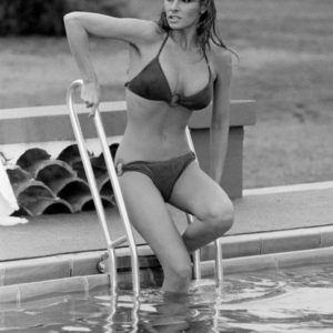 Raquel Welch by Terry O'Neill, the actress in a bikini climbing into a pool