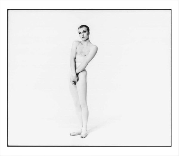 Les Grande Ballet DeLoony by Timothy white, male ballerina in white tights, ballett shoes and makeup